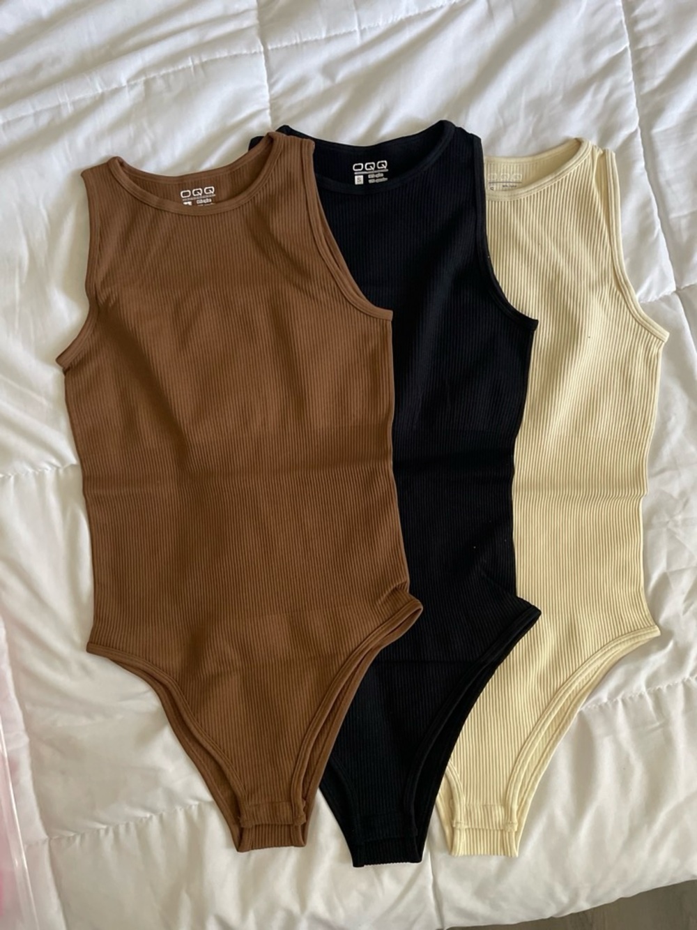 Ribbed Tank Bodysuit Trio — Brown, Black & Cream - Picture 1 of 4